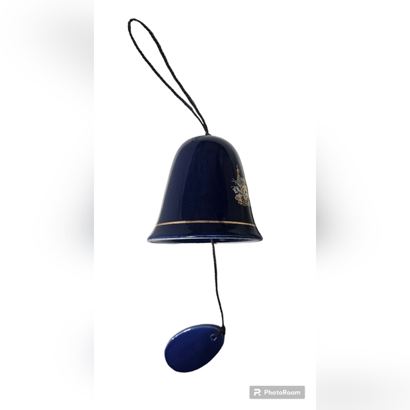 Cobalt Blue Oriental Peacock Design Ceramic 4" Tall Bell Wind Chime - Picture 6 of 11
